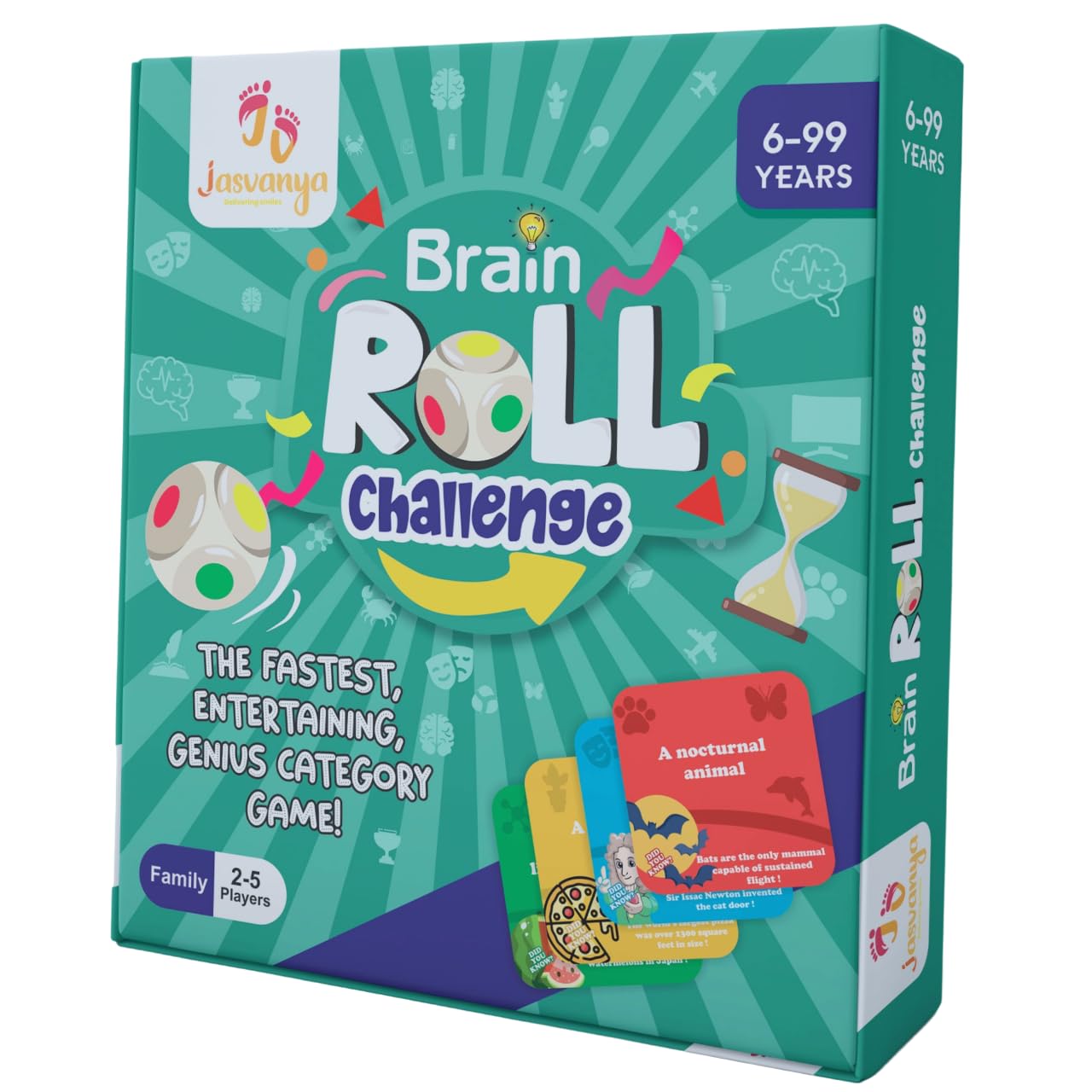 JASVANYA Brain Roll Challenge Cards - 100 Letter Card 2-5 Player- 120 Game Category Cards with 1 Wooden Dice & 1 Timer - Suitable for Age 6-99 Years:Educational Toy,