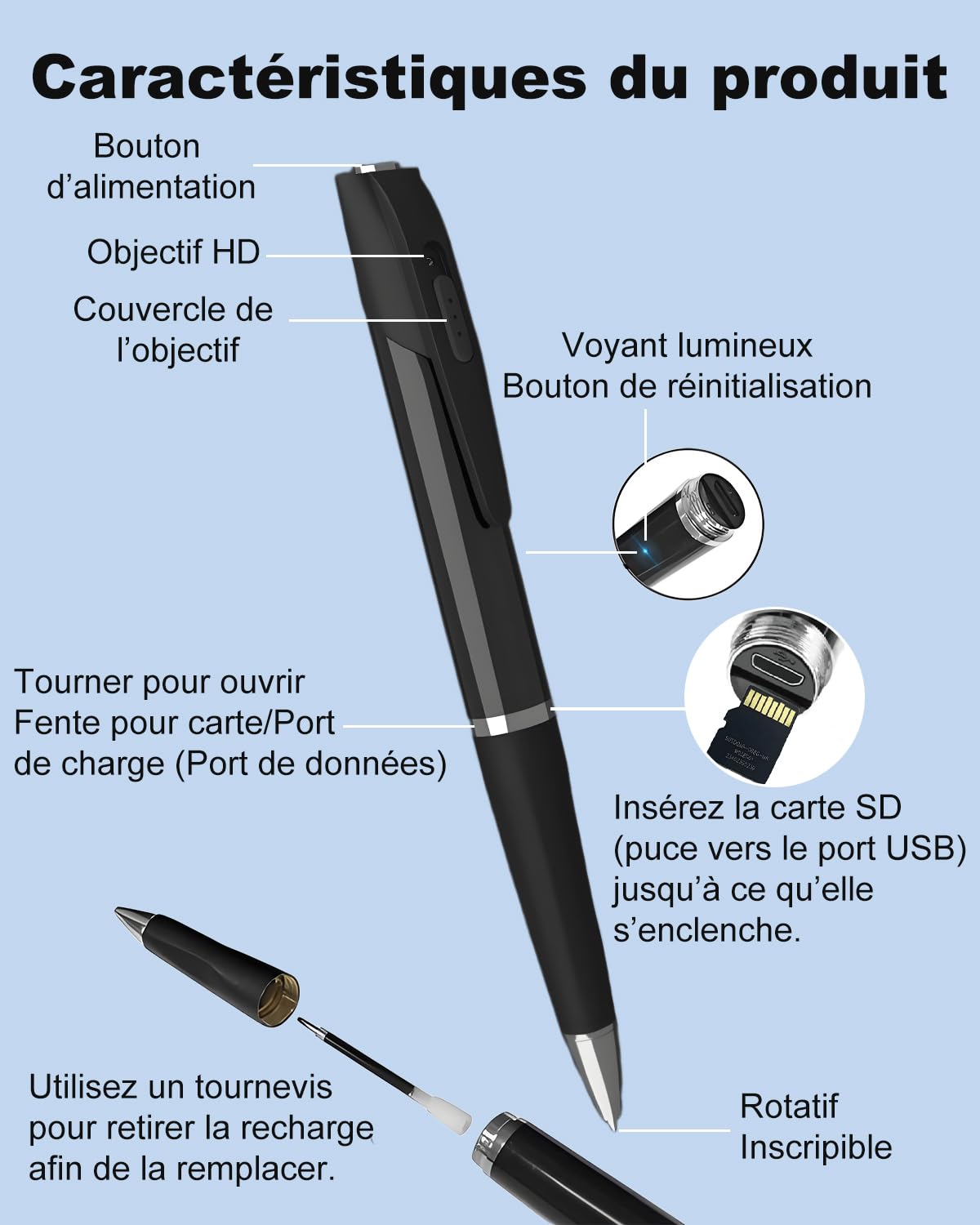 Bextgoo Camera Espion, Mini Camera Espion sans Fil avec Carte Mémoire de 32 Go, 1080P HD Caméra Cachée Stylo, Enregistrement Vidéo Prise de Photo, Loop Storage, Stylo Espion pour Réunion d'affaires