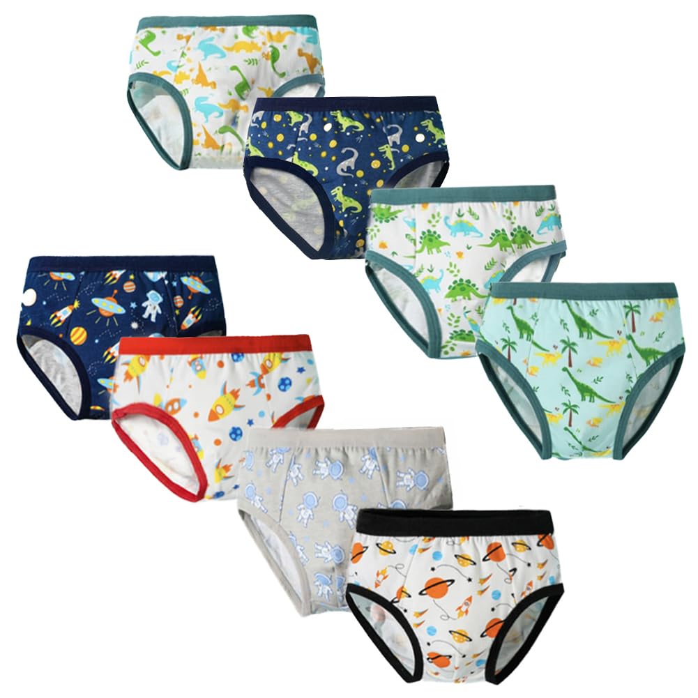 Fedmois Boys Dinosaurs And Planet Cotton Briefs Underwear Underpants (Pack Of 8), 5-7 Years