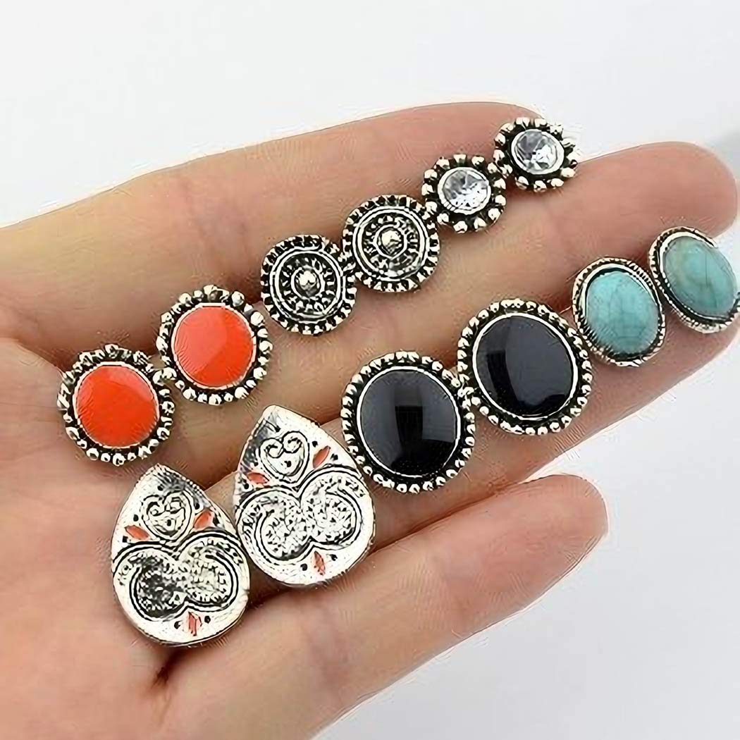 Juego de 6 pares de aretes bohemios turquesa, vintage, coloridos, aretes de Halloween, joyería para mujeres y niñas, Metal Cristal Turquesa