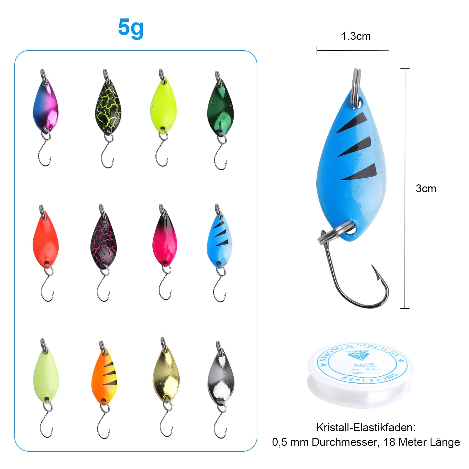 Juego de 12 cucharas de pesca para trucha con línea de pesca, juego de cucharas para trucha, juego de señuelos para trucha, cebo artificial, intermitente para agua salada, trucha de agua dulce, bajo — view 2