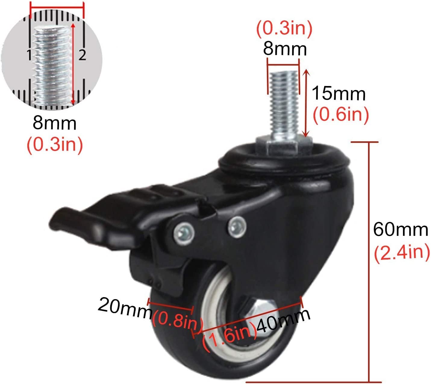 Rotelle per ufficio Rotelle per mobili, Rotelle con stelo, Rotelle in poliuretano da 40 mm, Rotelle girevoli per carrello, Rotelle di ricambio