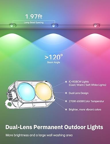 Miniatura 6 de Luces permanentes para exteriores Pro, lente dual de 100 pies con 50 IC+RGBCW 60lm LED, IP67 impermeables, luces de alero inteligente con 16