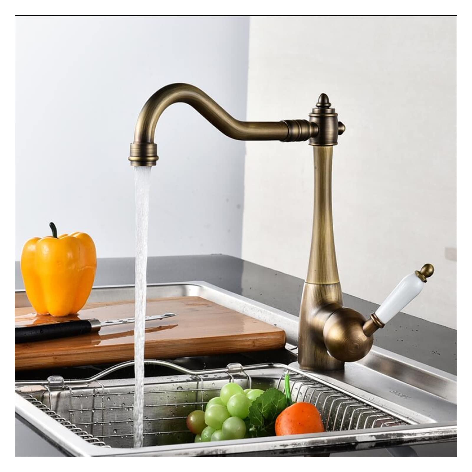 Grifo de Cocina, Grifo de Cocina de un Solo Asiento, Grifo de Fregadero de Cocina de un Solo Orificio, caño Giratorio, Mango de cerámica, Grifo de latón Dorado/níquel Comfortable Anniversary