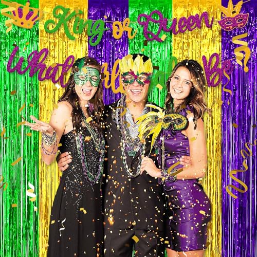 Image of 3 Pack Gold Green Purple Foil Fringe Curtains Backdrop, 3.28 x 9.8 Ft Metallic Streamers Tinsel Curtains Background for Photo Booth, Birthday, Halloween, Christmas, New Year Party Decorations