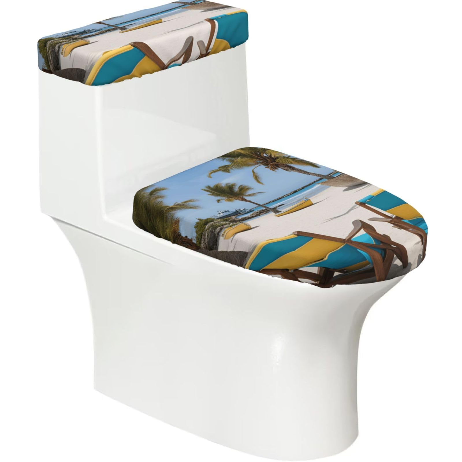 Beach Palm Tree Chairs Boats Print Stretch Toilet Covers Set, Polyester Covers Replacement For Fits Most Size Lids Bathroom Decor