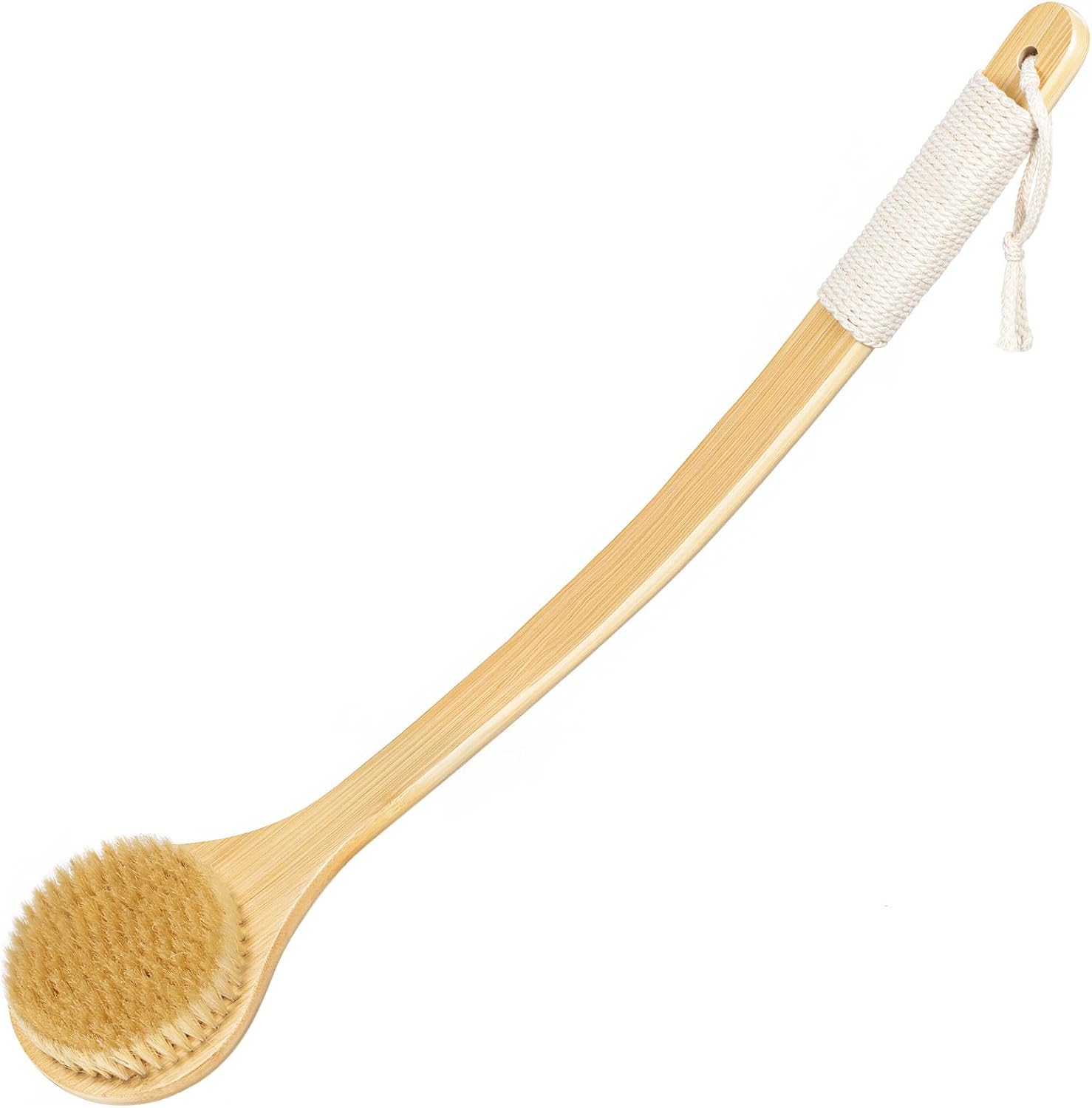 ​​​​Back Scrubber Brush for Shower, 22" Curved Long Bamboo Handle Shower Brush, Antiskid Body Bath Brushes for Back Dry/Wet Brushing, Moderately Soft Natural Bristle Body Brush for Showering (Beige)