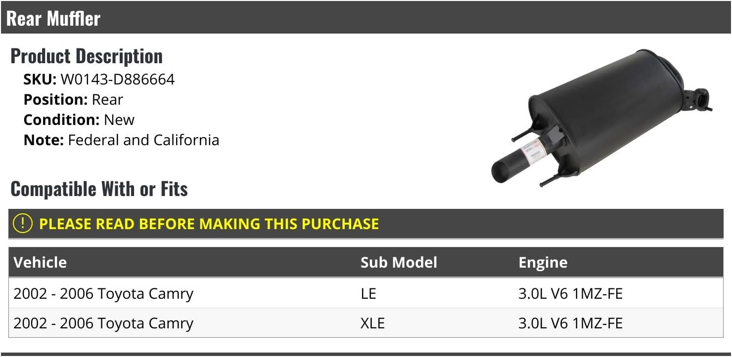 Rear Muffler - Compatible with 2002-2006 Toyota Camry LE LXE 3.0L V6 1MZ-FE