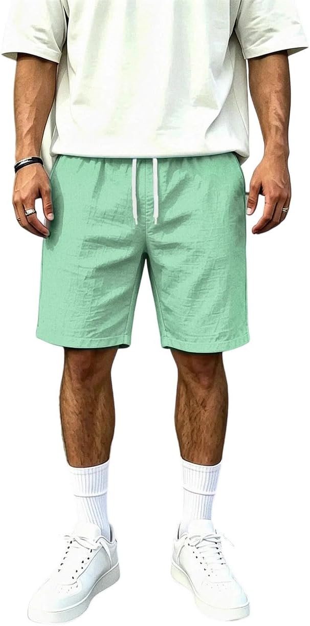 Men Summer Solid Color Linen Cotton Slim Lightweight Breathable Fitness Beach Shorts