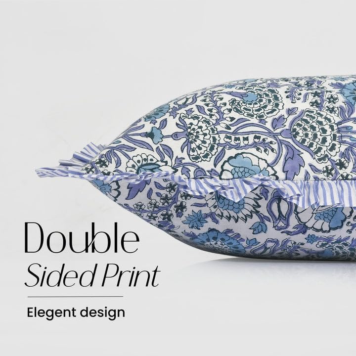 CPC Indigo Blue 100% Cotton Block Print Ruffle Sham Cover 12x20 inch, Handmade Boho Floral Pillowcase, Farmhouse Cottagecore Bedding, Soft Decorative Cushion Cover for Bedroom Décor - Image 2