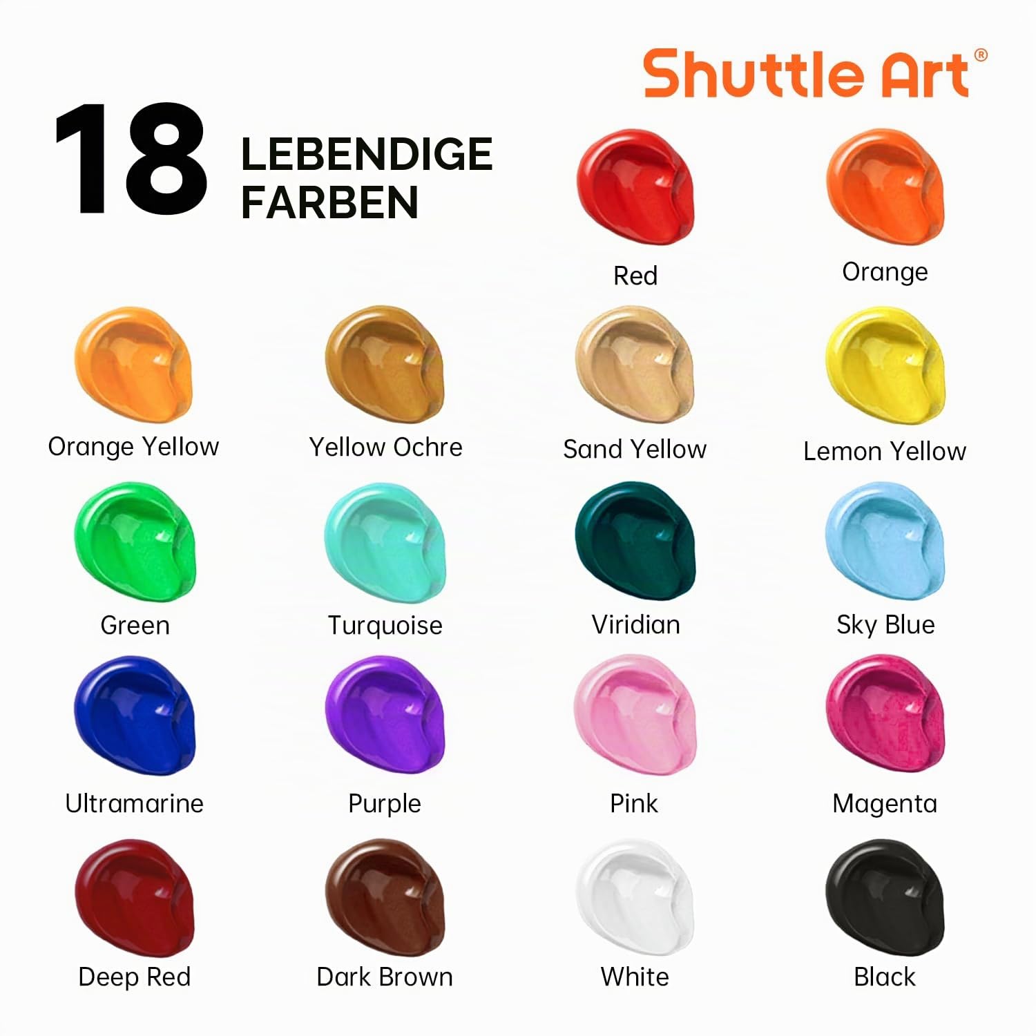 Shuttle Art Acrylfarben Set, 18 Acrylfarben in Flaschen (je 250ml, 8,45oz), hochpigmentierte Acrylfarbe, Premiume Acrylfarbe für Künstler, Anfänger und Erwachsene auf Steine, Leinwand, Holz geeignet