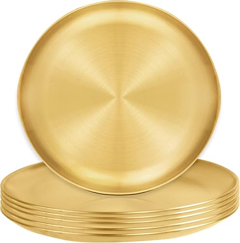 Miniatura 1 de 6 platos de acero inoxidable, platos de cena reutilizables de metal cepillado, platos de cena de metal de 9 pulgadas, platos de campamento para