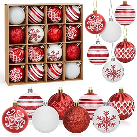 Christmas Baubles, 16Pcs Xmas Tree Decorations, Christmas Balls, Christmas Tree Decoration Ornaments, Red and White Christmas Baubles, Christmas Tree Decorations Set, Xmas Hanging Decorations Cover