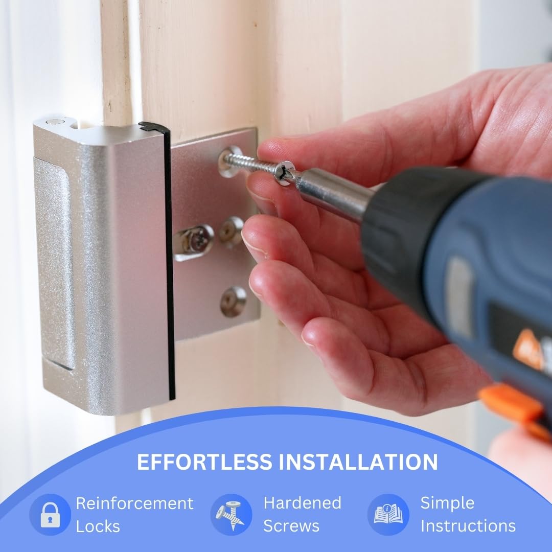 A-Four - Cerradura de refuerzo de puerta de seguridad para el hogar, 3 unidades, aleación de aluminio duradera, soporta 800 libras de fuerza, cerraduras de seguridad para puertas familiares y niños
