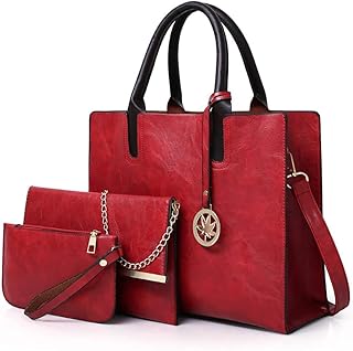 Women Handbags Sets 3 Pcs Large Capacity Handbag Chain Shoulder Bag Clutch Wrist Purse, Red