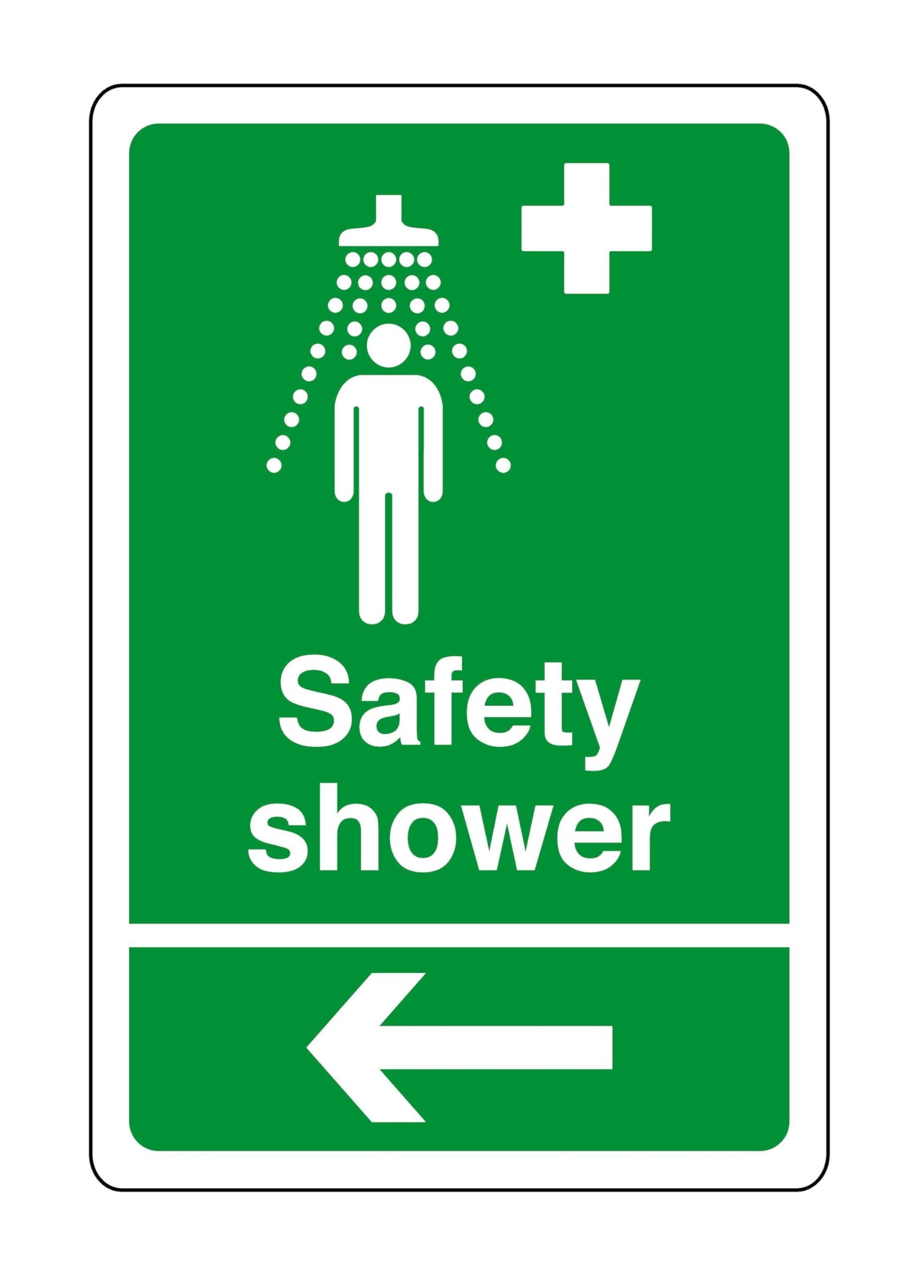 Safety First Display Ltd Green/White Safety Shower Arrow Left - Safety Sign, Health & Safety Signage, Workplace Safety, High Tack Self-Adhesive Sticker (200Mm X 150Mm) Viewing Distance Within 5M.