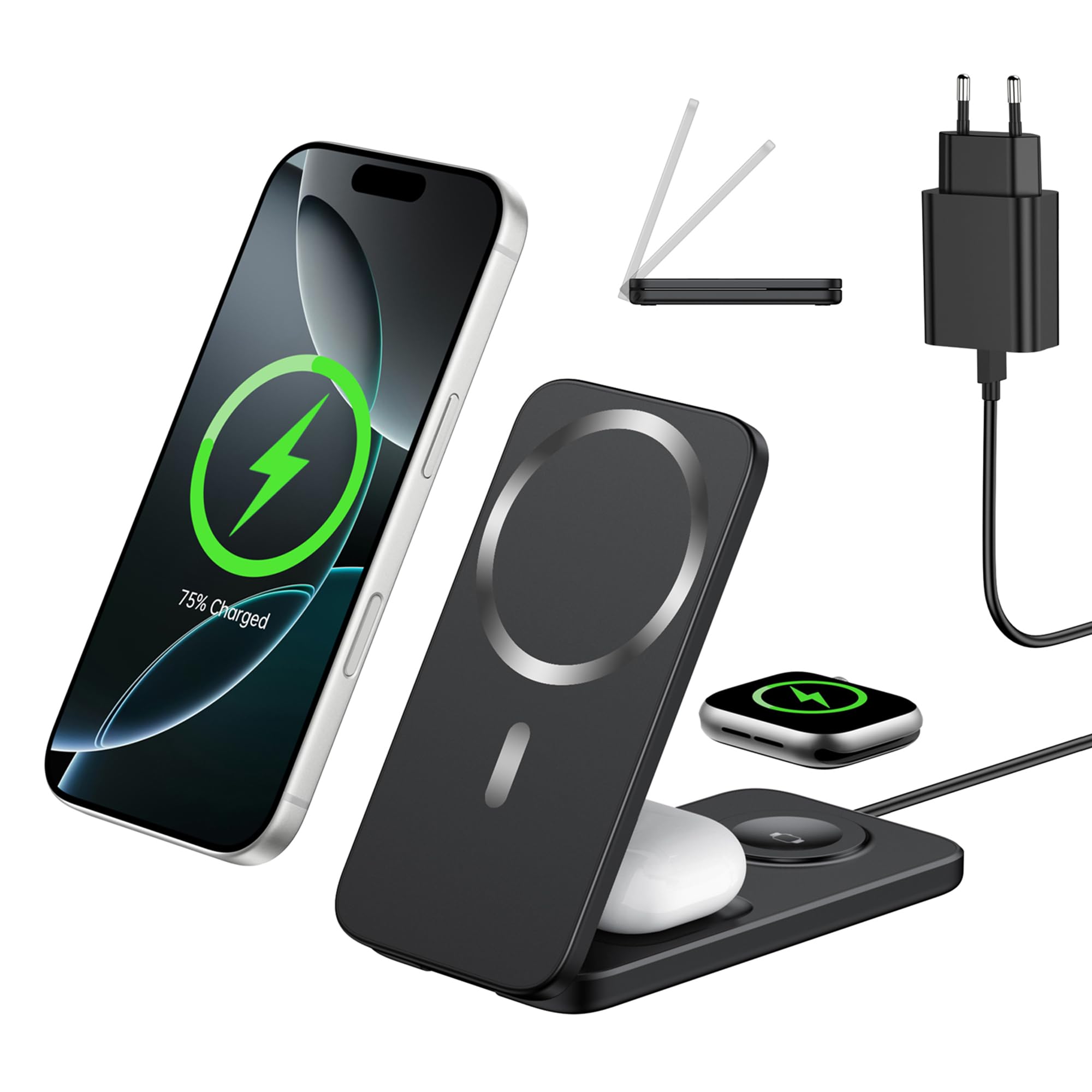 Estación de Carga 3 en 1 Compatible con MagSafe para Apple, Cargador Inalámbrico Magnético Plegable para iPhone 17/16/15/14/13/12 Pro/MAX, Apple Watch Ultra/Series y AirPods Pro Carga Rápida — view 8