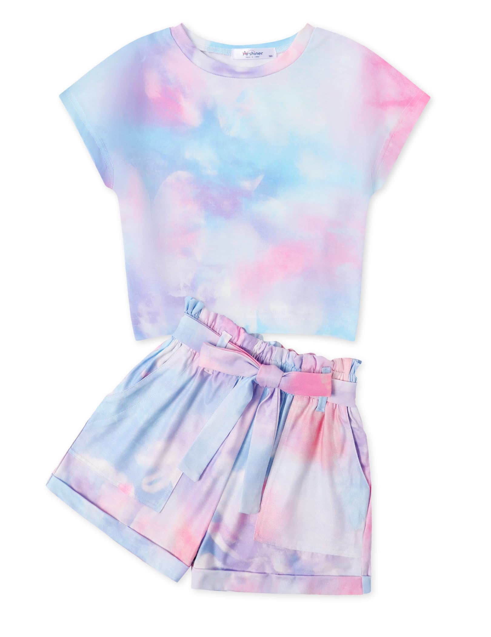 Arshiner Girls' Tie Dye 2 Piece Outfit Summer Active Paper Bag Shorts Set Drop-shoulder Top and Pant Sets for Kids Girls Size 13-14
