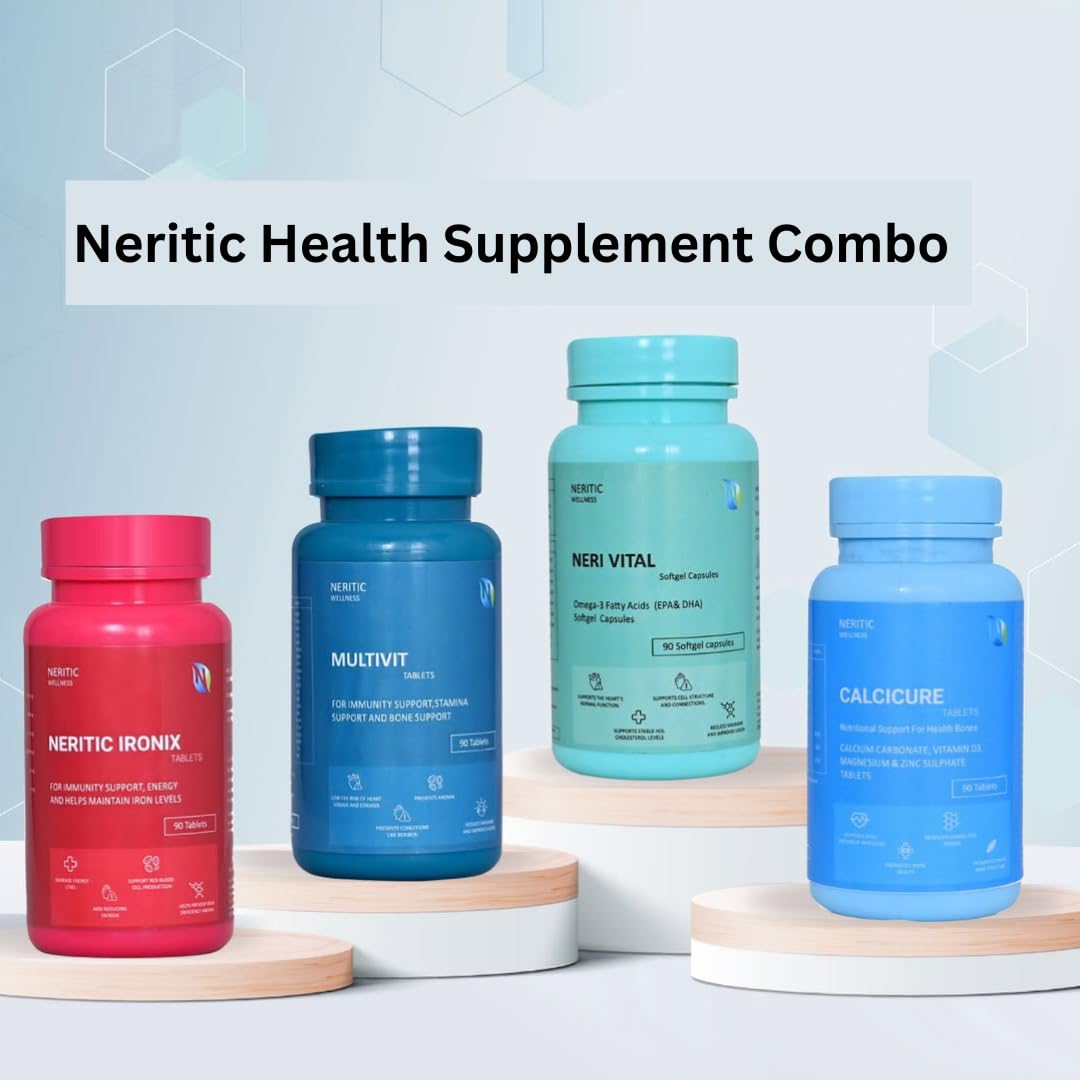 Neritic Wellnes Health Supplement Combo Package | Healthy Lifestyle | Supports Bone Health| Boosts Energy | Enhances Immunity | Promotes Heart and Brain Function - 90 Tablets/Capsules (Pack of 4) Neritic Wellnes Health Supplement Combo Package | Healthy Lifestyle | Supports Bone Health| Boosts Energy | Enhances Immunity | Promotes Heart and Brain Function - 90 Tablets/Capsules (Pack of 4)