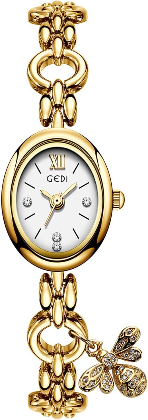CARLIEN Fashion Vintage Gold Oval Quartz Watches for Women - Alloy Steel Band Slim Bracelet - Roman Numerals Numbers - Dainty Elegant Dress Wristwatch Waterproof