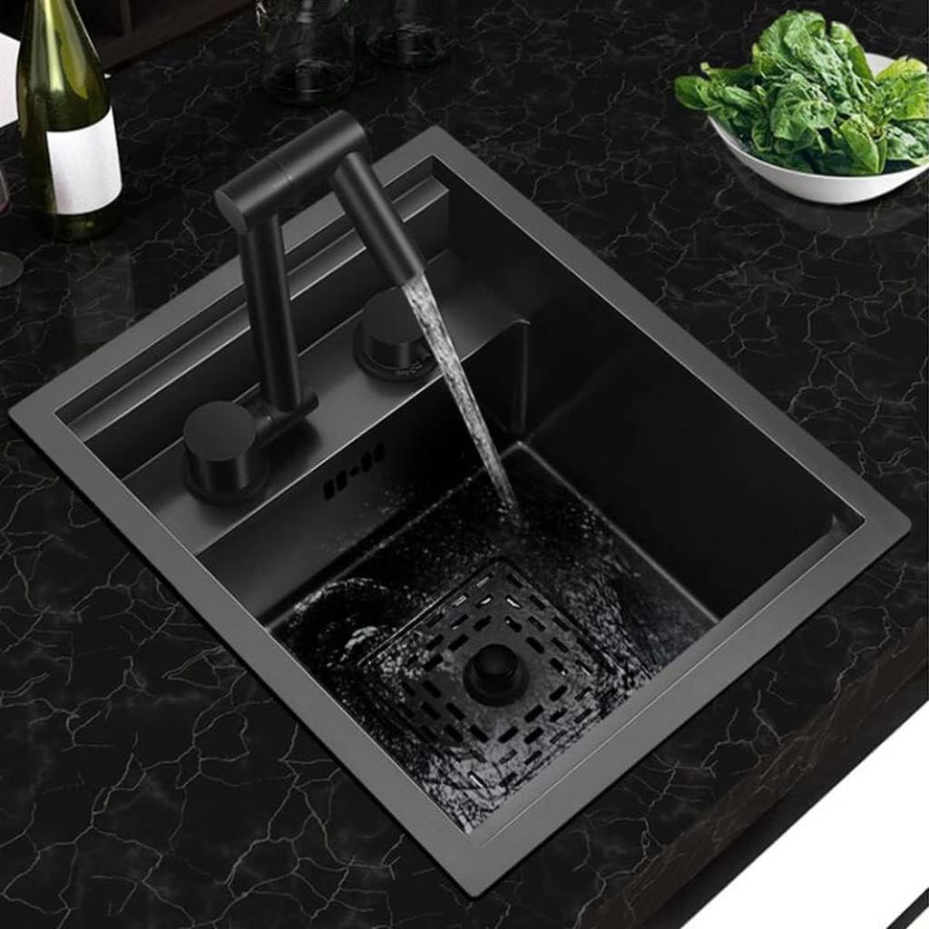Single Bowl Restaurant Coffee Shop Bar Sink Hide Mini Small Size Sink Stainless Steel Kitchen Sink Embedded Sink Vegetable Washing Basin (Color : Black, Size : 42 * 43 * 22.5cm)