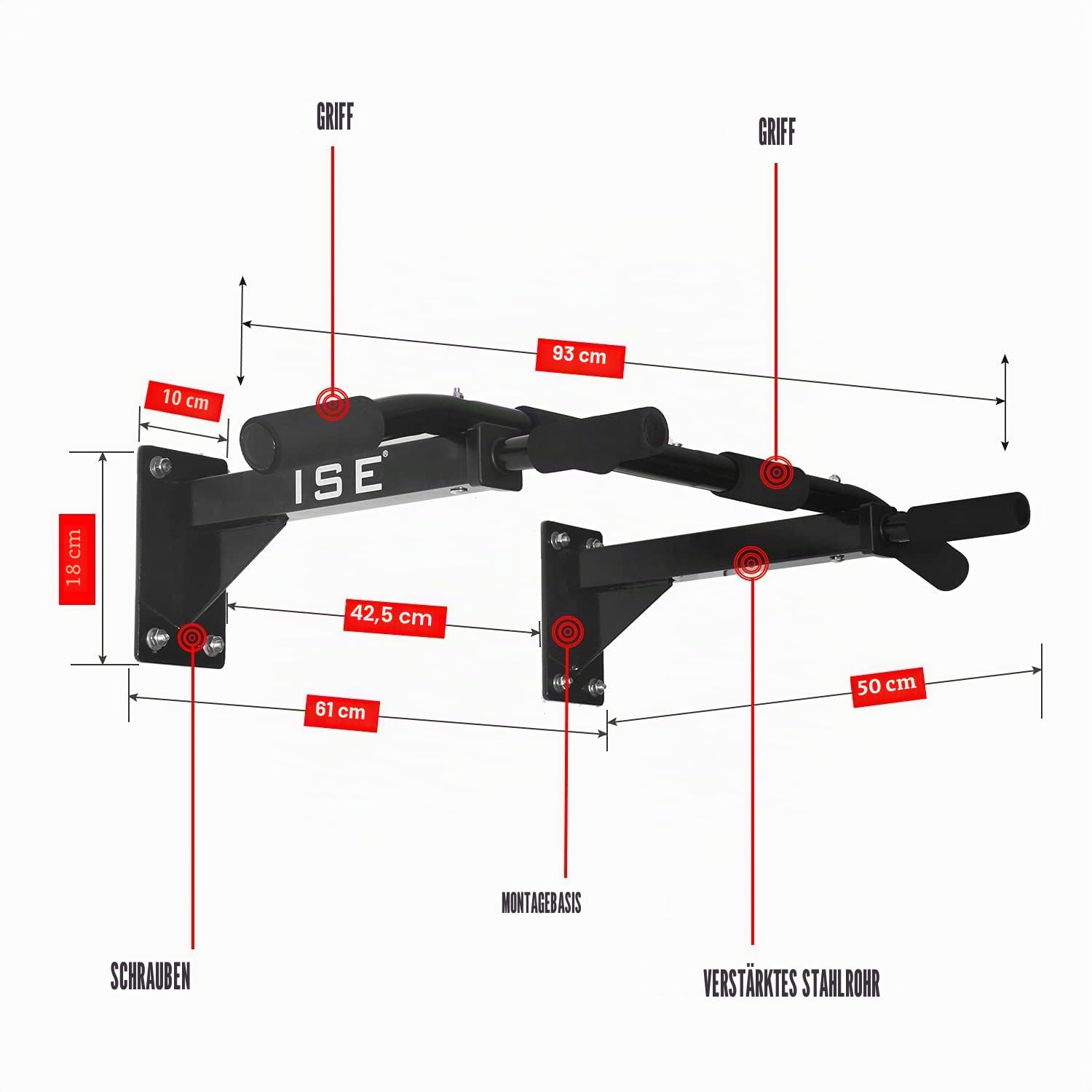 ISE Klimmzugstange Wand zur Wandmontage, Pull Up Bar mit rutschfesten Griffen, Klimmzugstange Decke mit Wandhalterung & 8 Schwerlastdübel zur Montage SY-165
