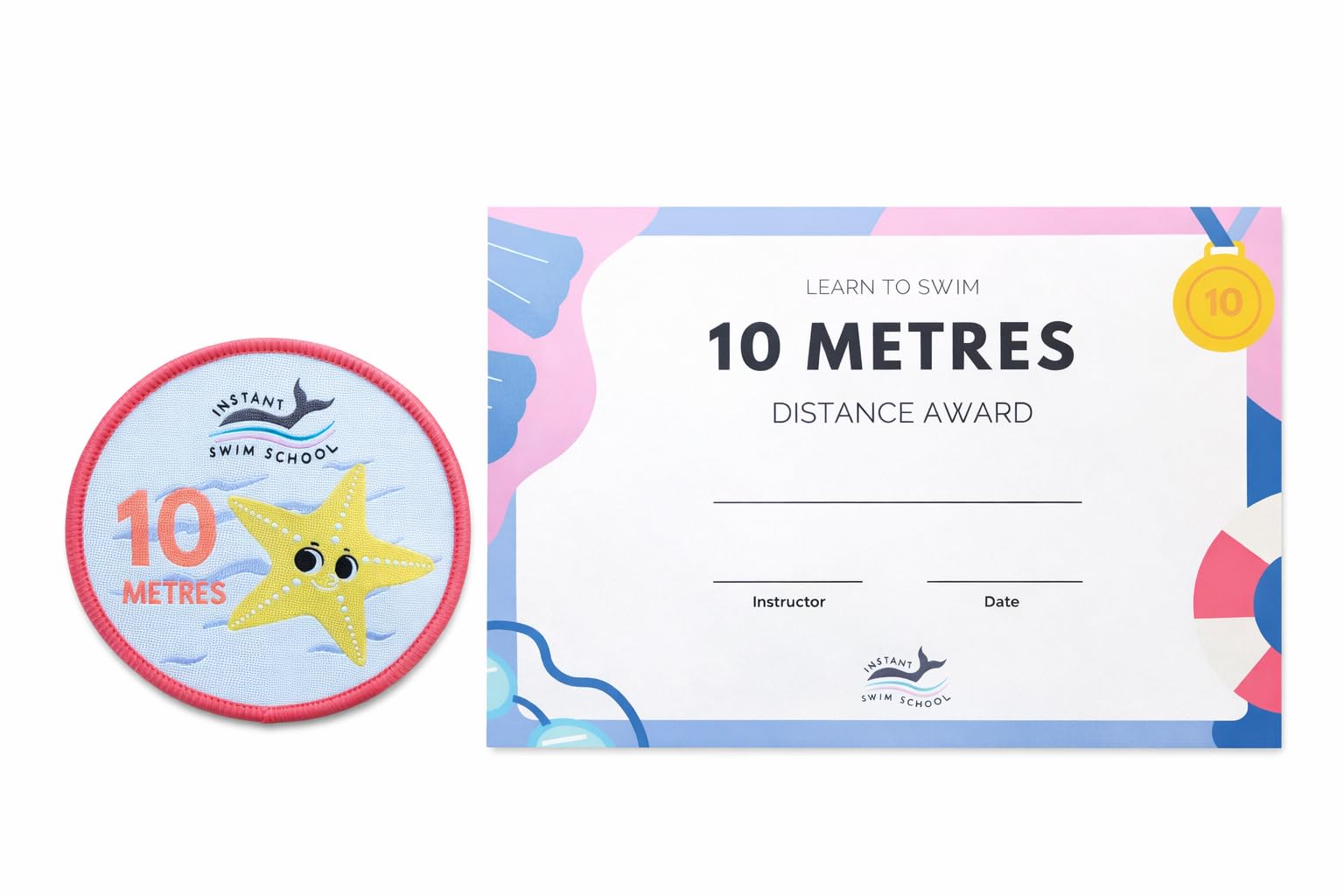 Swim School Kids Swimming Distance Award, Learn to Swim Certificate of Achievement A4 250gsm & Embroidered Fabric Badge, Children’s 10m Swimming Reward for Schools, Teams, Centres, Clubs & Instructors
