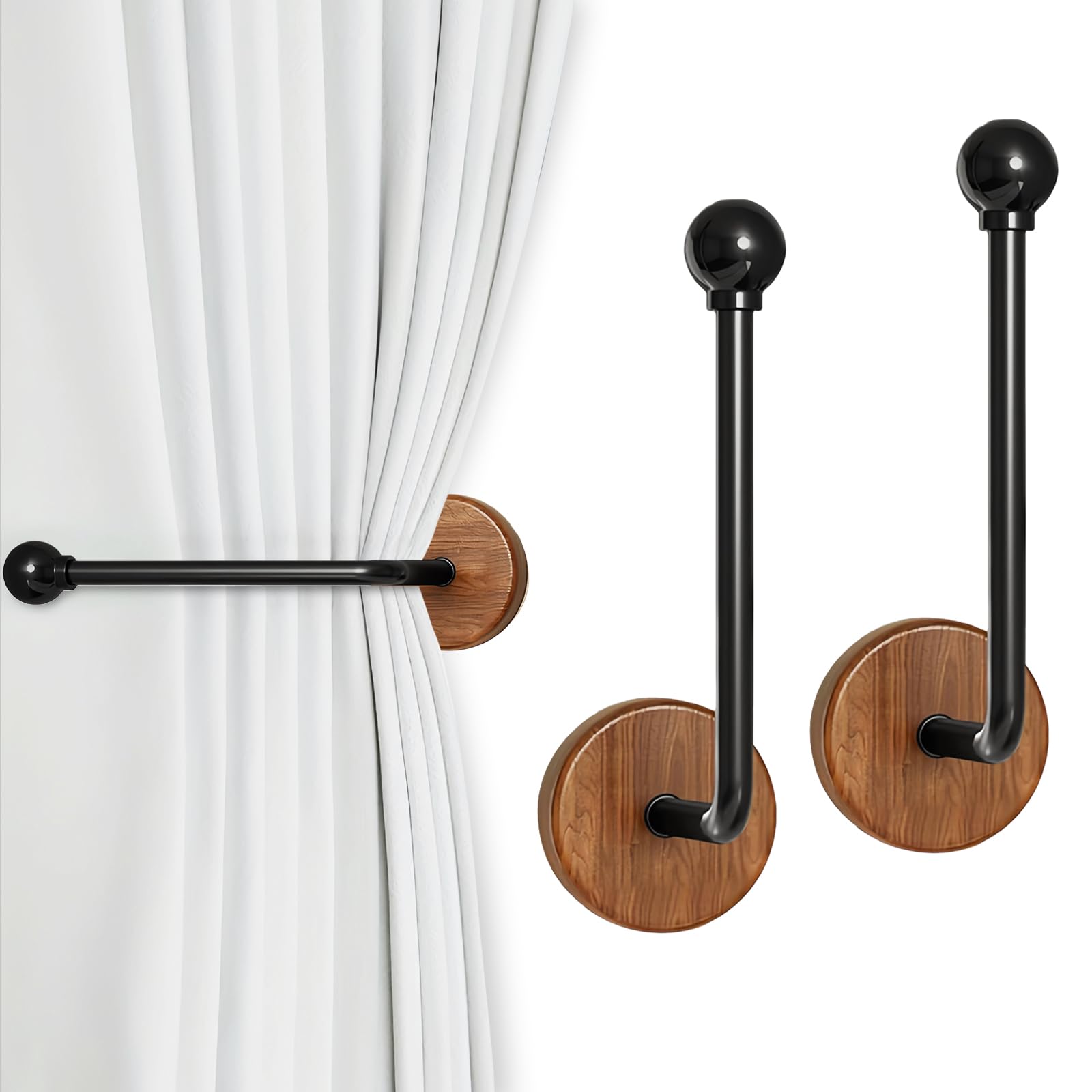 Curtain Holders, Set of Two Walnut Wood Hooks, Door Curtain Organizer