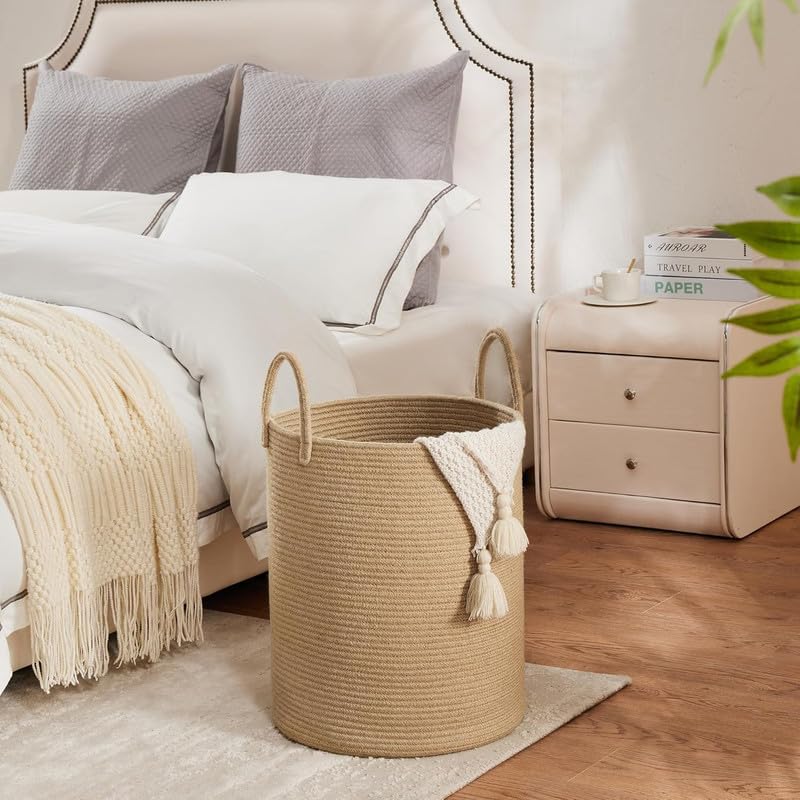 Image of Storage Cotton Rope Basket and Laundry Hamper for Dirty Clothes, Towels, Blankets, Pillows Storage in Living Room, Laundry Room and Bedroom (Beige, 14x16 Inch)