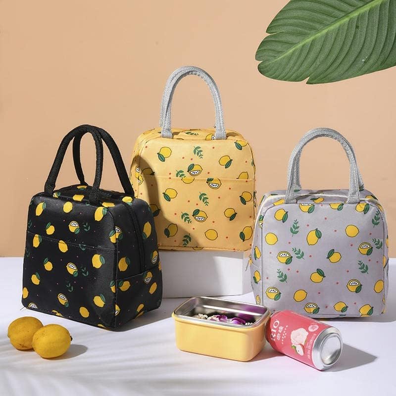 Image of Lunch Bags for Office Women & Men Insulated Fabric Carriage Bags for Lunch Portable Reusable Multipurpose Washable Printed Tiffin Bags Leak Proof Carry Bag Kids School -(Black Lemon)