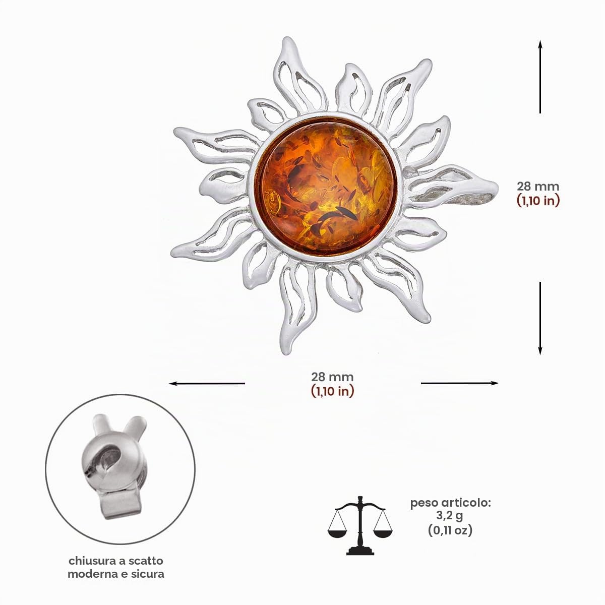 Spilla Sole da Donna in Argento con Ambra, Argento Sterling Lucidato, Ambra Baltica Naturale Color Cognac