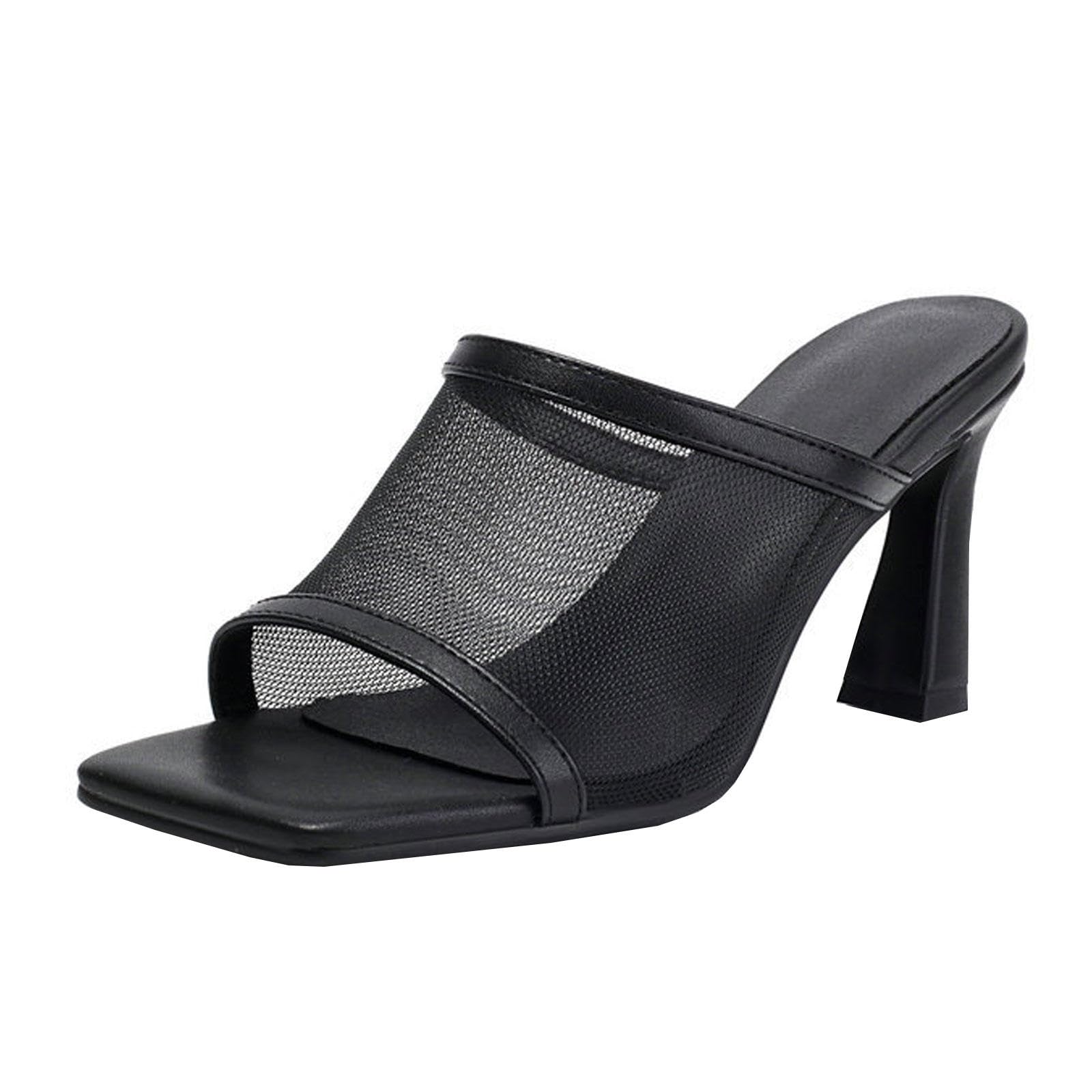 Talons Hauts Femmes Mules Sandales Bout Carré Ouvert Talon Bloc Épais Escarpins Enfiler Chaussures Habillées Soirée 8cm,Black-46