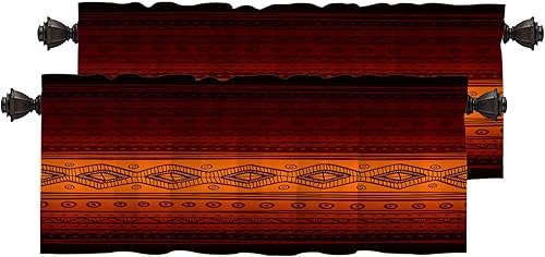 Cenefas de cocina geométricas étnicas naranjas para ventanas, cortinas opacas abstractas de tribalfabric de poliéster multicapa para cocina y