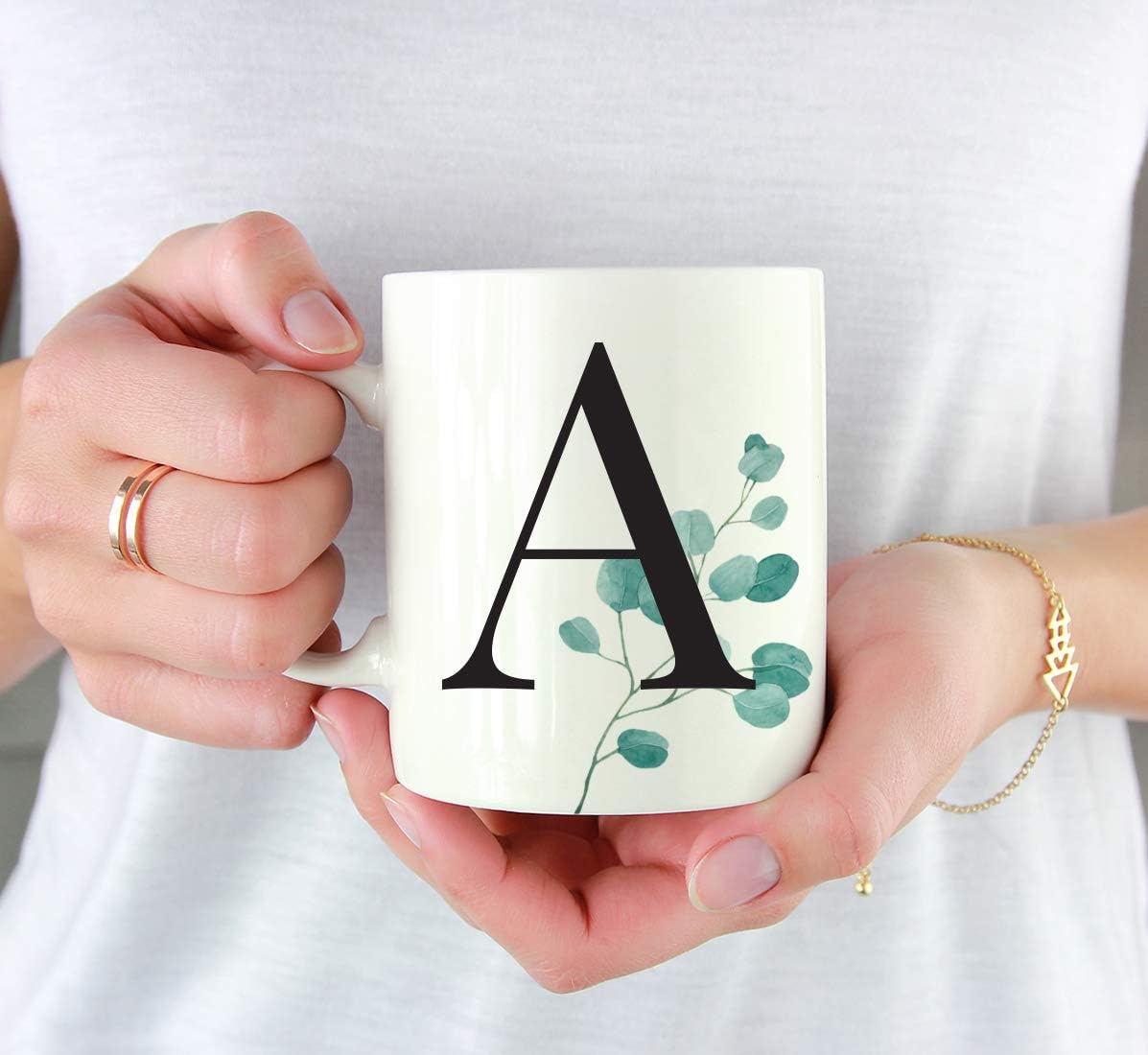 Andaz Press 11oz. Coffee Mug Gift, Eucalyptus Leaves Greenery, Initial Monogram Letter A, 1-Pack, Includes Gift Box, Christmas Birthday Mother's Day Graduation Coworker Present Ideas