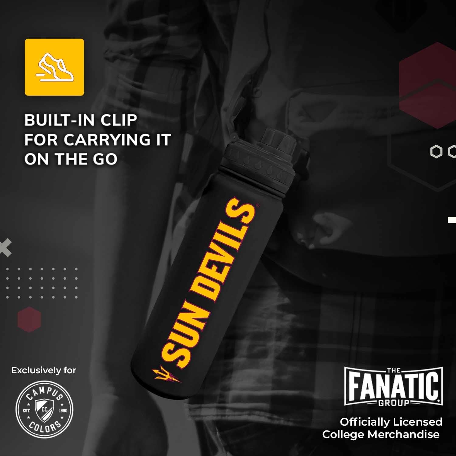 Campus Colors NCAA Stainless Steel Water Bottle - Twist on cap - 24 oz - Carry Clip - Keeps Your Drinks Hot or Cold for Hours (Arizona State Sun Devils - Black)