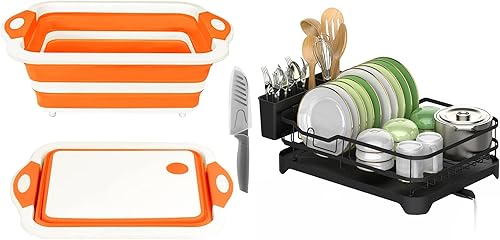 Tabla de cortar plegable con colador y escurridor de platos con escurridor con escurridor, paquete de 2 artículos