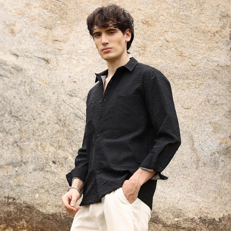 Image of CAHOOT Men's Multitrack Striped Oversized Shirt for Casual Wear | Spread Collar | Long Sleeve | Button Closure | Oversized Shirt Crafted with Comfort Fit for Everyday Wear