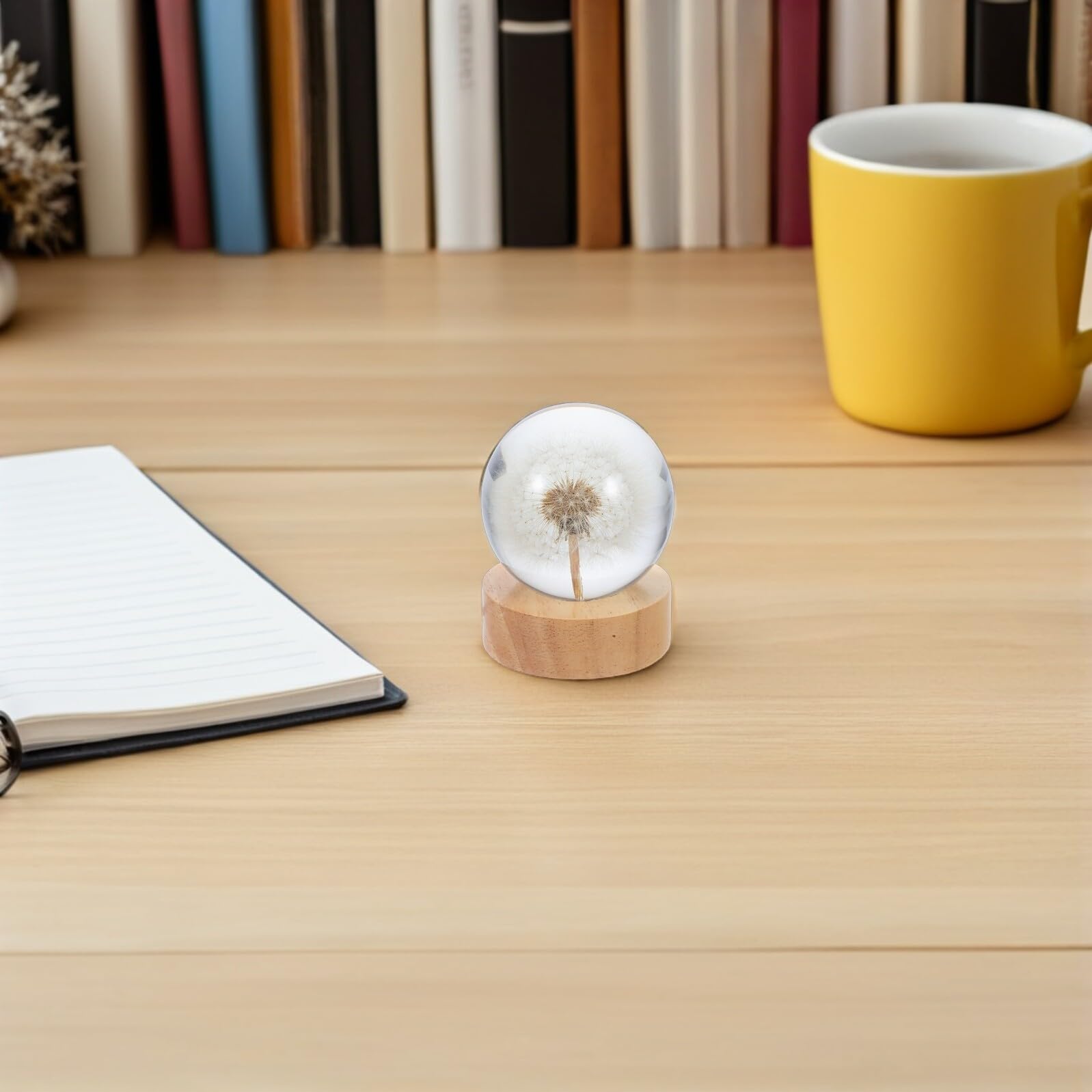 SHINEOFI Lampada da Tavolo in Cristallo 3d a Sfera con Incisione Tarassaco, Luce Notturna Decorativa USB con Base in Legno Massello, Globo Luminoso per Atmosfera Calda e Regalo Elegante