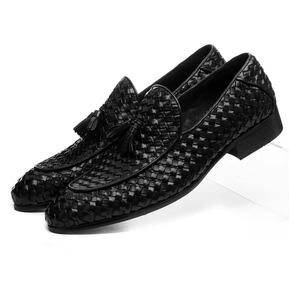 The Royale Peacock Black Woven Braided Leather Formal Tassel Loafer Shoes for Men | Branded | Premium | Comfortable | All Day Wear-image-45