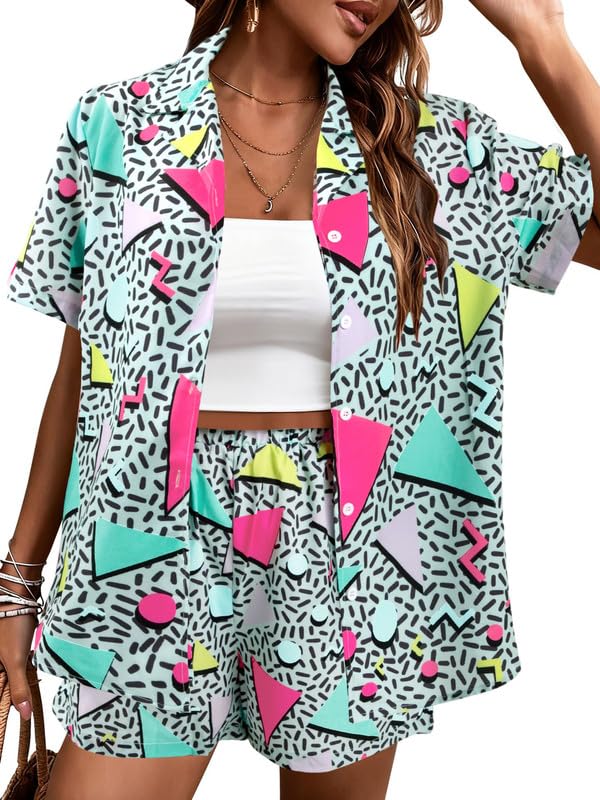 80s 90s 2 Piece Outfits for Women Retro Theme Party Disco Matching Sets Neon Button Down Top and Shorts Sets