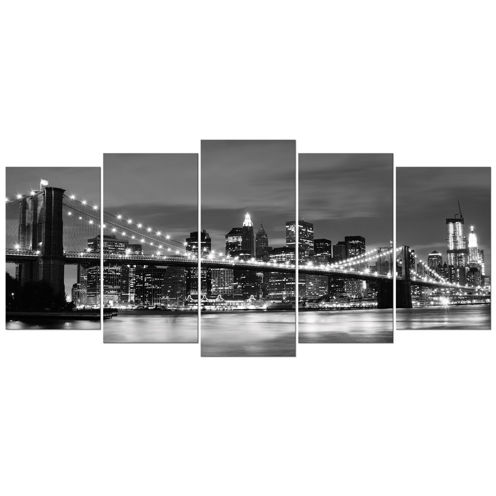 Wieco Art Large Brooklyn Bridge Night View Modern Giclee Canvas Prints Artwork Landscape Pictures to Photo Paintings on Stretched and Framed Canvas Wall Art for Home Decorations