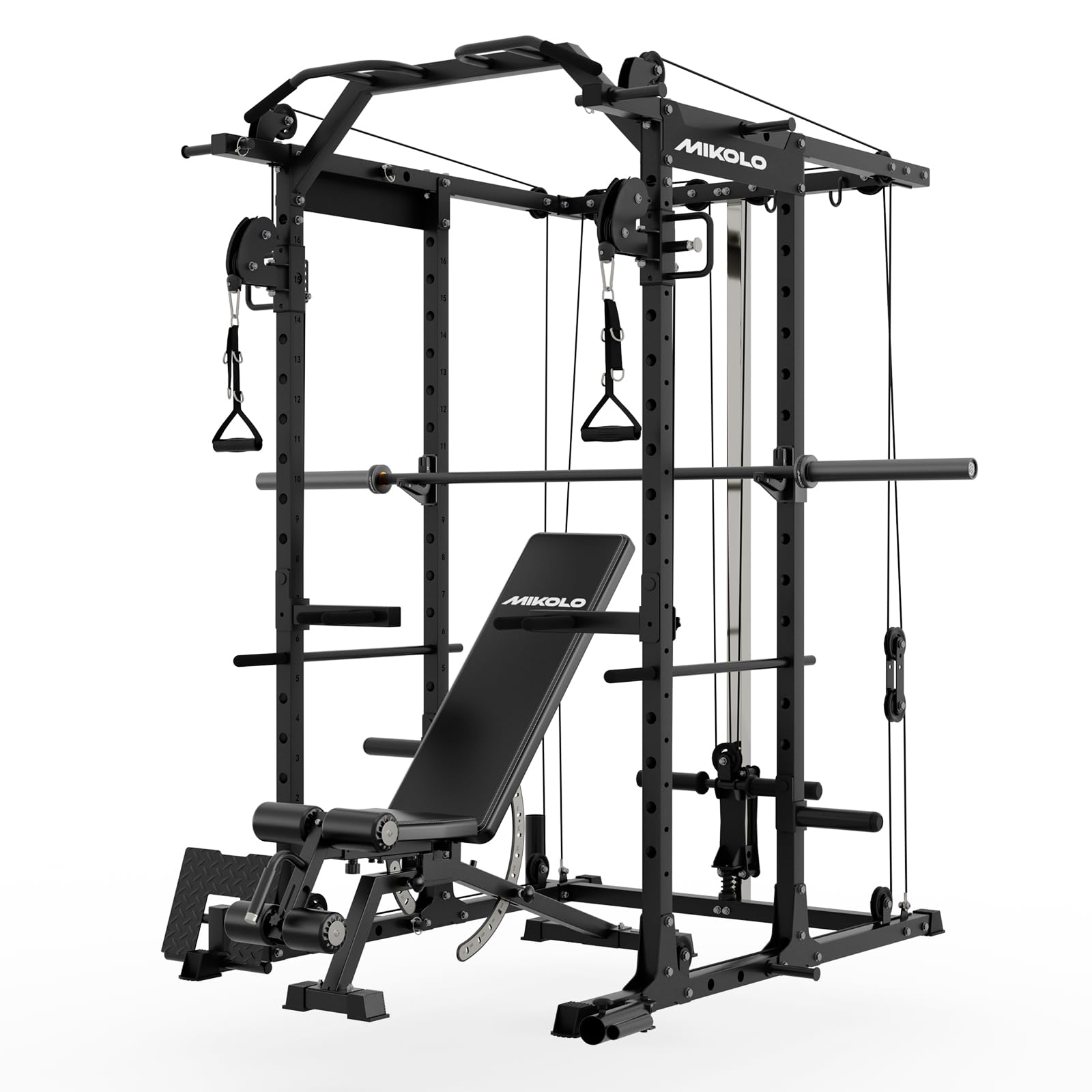 Mikolo Power Cage, Power Rack with Cable Crossover System, 1500LBS Squat Rack with LAT Pull Down System, Workout Cage with Pulley System for Fitness