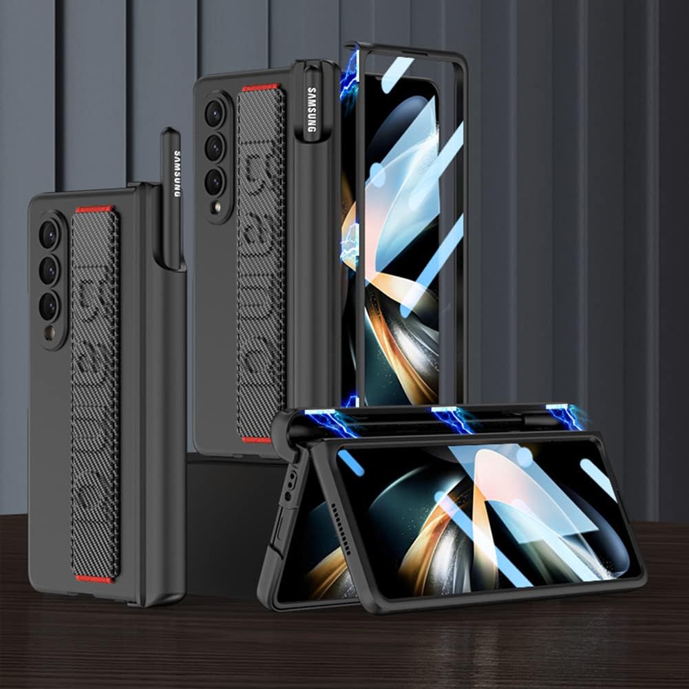Samsung Fold 4 Case, Galaxy Z Fold 4 Case with Hand Strap & S Pen Holder, 360° Hinge Protection Built-in Front Screen Protector for Galaxy Fold 4 Case Cover (Gray) Samsung Galaxy Z Fold4 C-Grey