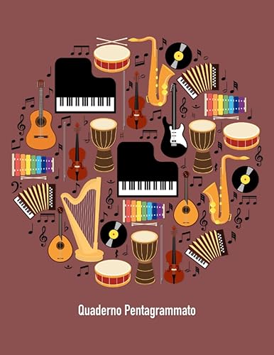 Quaderno Pentagrammato | Copertina Design Rosso | 100 pagine con 12 pentagrammi musicali | Indice personalizzabile e Pagine Note | Formato Grande | ... di Pianoforte Chitarra Violino Basso ...