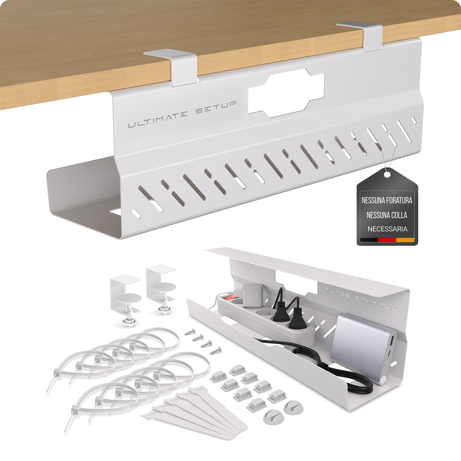 Premio canalina passacavi scrivania senza forare - Cable management scrivania - Organizer cavi scrivania - Porta cavi scrivania – Raccogli cavi scrivania (Bianco, 1er Set)