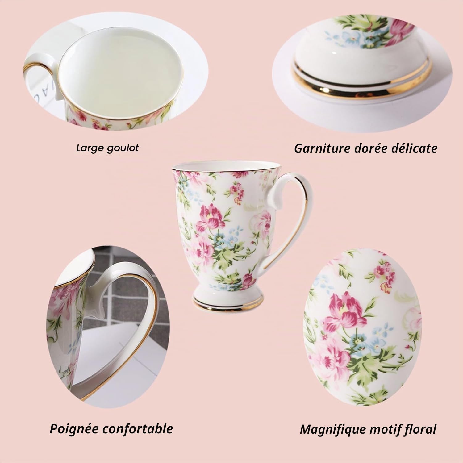 Lot de 4 grandes tasses à café en porcelaine anglaise avec poignée pour cappuccino, café, thé, lait, 300 ml, cadeau de bureau (A)
