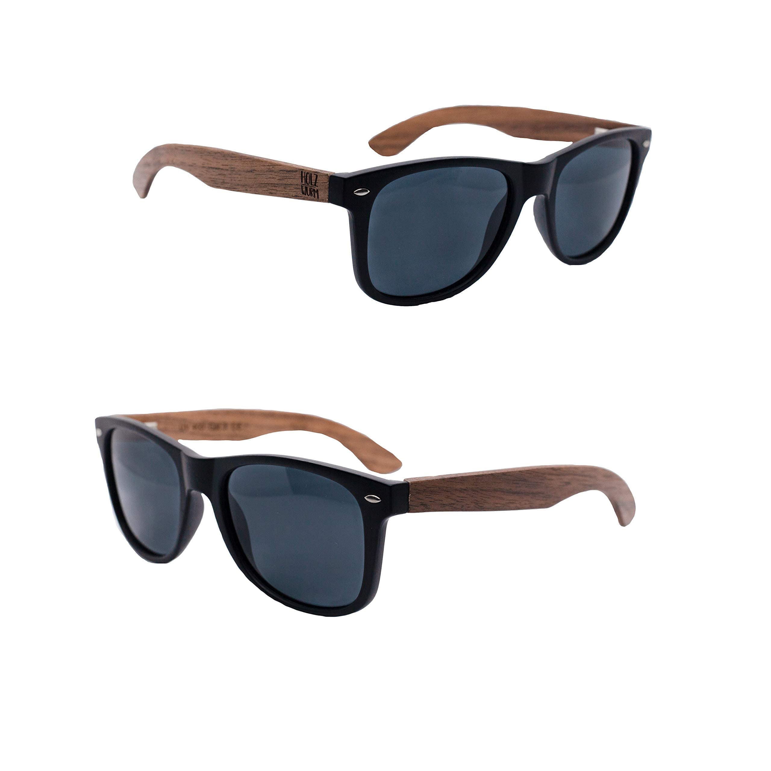 HolzwurmWalnut Sunglasses with Wooden Arms for Men and Women / Polarising Lenses with UV400 Protection / with Genuine Bamboo Case, Black / Walnut