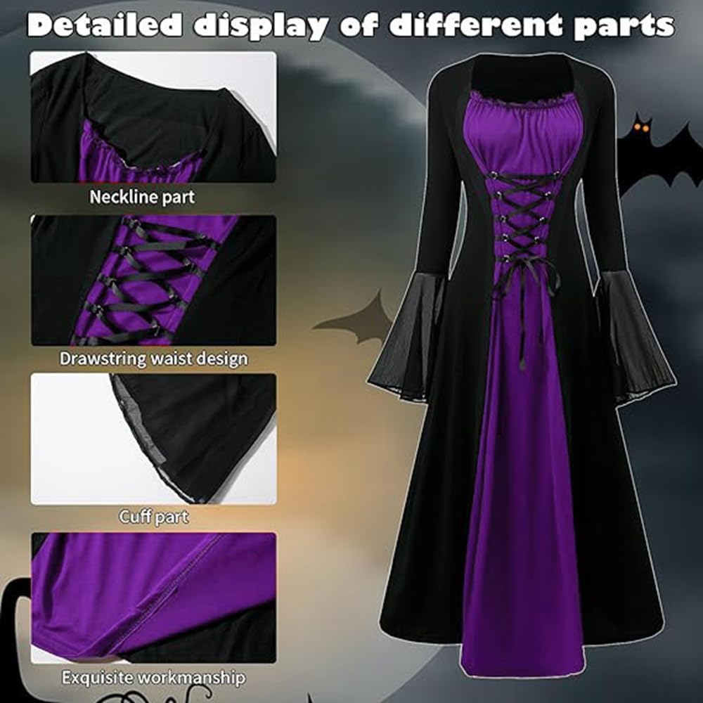 CNVAUIE Renaissance Costume for Women Medieval Dress with Trumpet Sleeves, Gothic Maxi Dress, Carnival, Halloween, Party (Purple, S) - Image 4