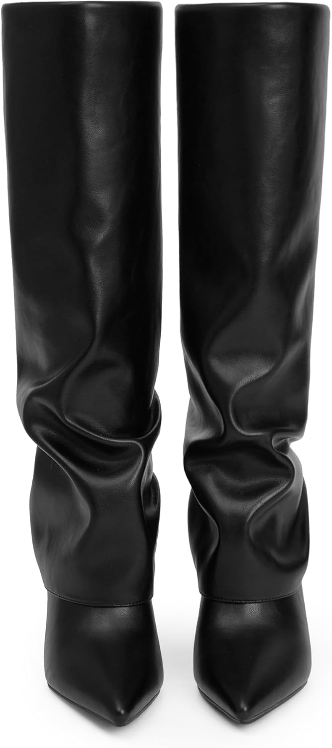 Knee High Boots Women Fold Over Boots Pointed Toe Stiletto Heel Long Shark Tall Boots with Zipper - Image 7
