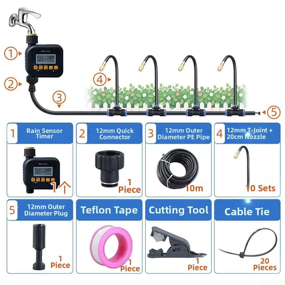 Sistema di irrigazione automatico delle piante con timer per giardino, kit di irrigazione regolabile con ugello spray incluso tubo PE e connettori rapidi per aiuole, set di 5 metri di lunghezza (10 m)